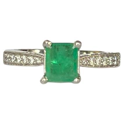 Vintage Emerald and Diamond 18 Carat White Gold Solitaire Ring