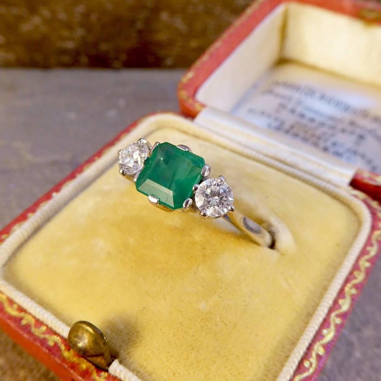 Vintage Emerald and Diamond 18 Carat White Gold Ring at 1stDibs