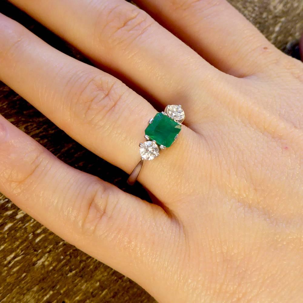 Vintage Emerald and Diamond 18 Carat White Gold Ring 2
