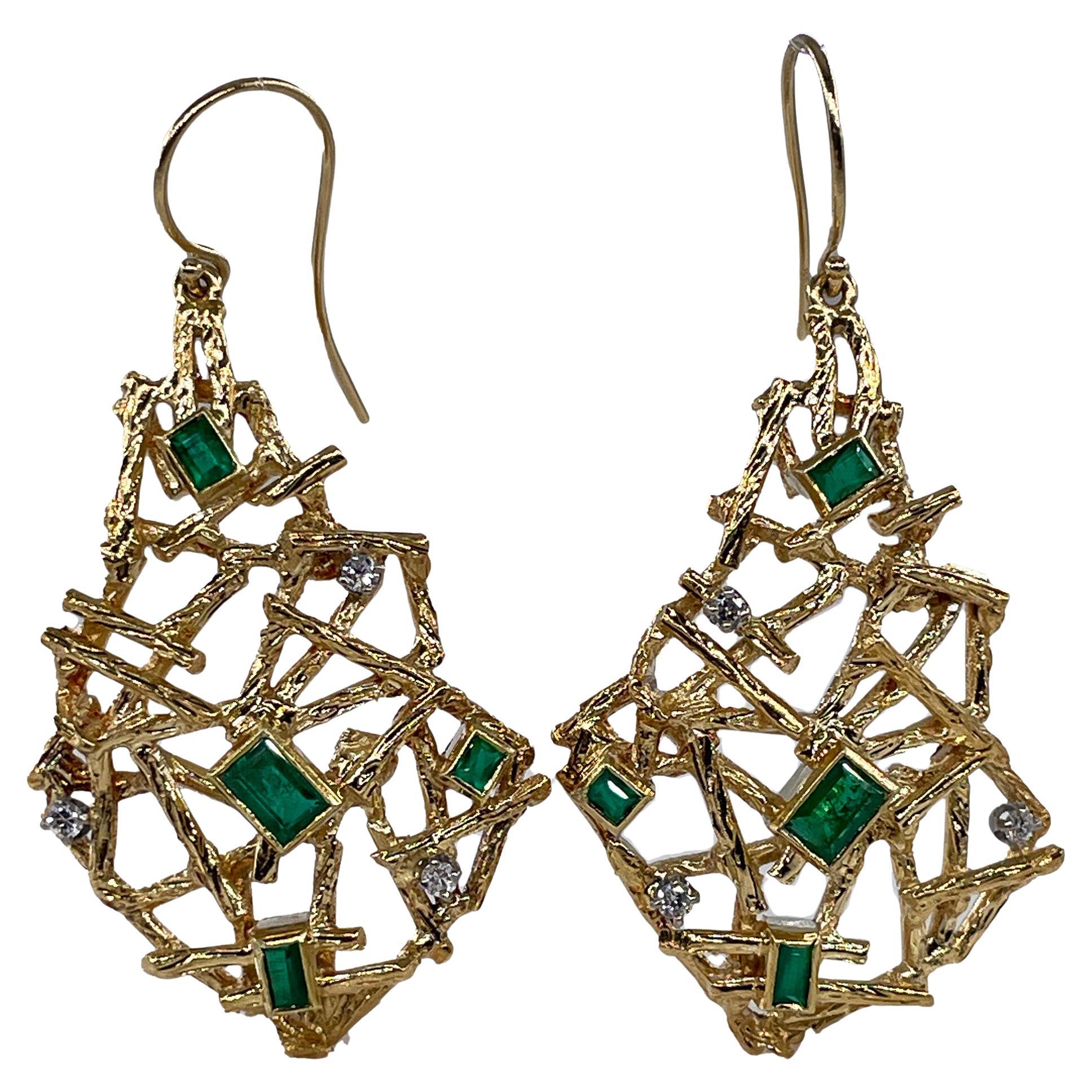 BEAUTIFUL UNIQUE VINTAGE EMERALD and DIAMOND 18K YELLOW GOLD and PLATINUM 
                                                         HANDMADE EARRINGS.

These earrings are truly one of a kind! This is not your average Pair of Earrings! Circa 1970s in