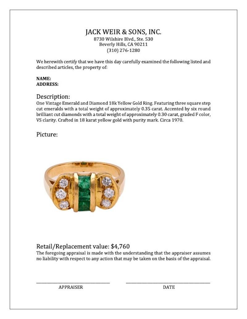 Vintage Emerald and Diamond 18k Yellow Gold Ring For Sale 1