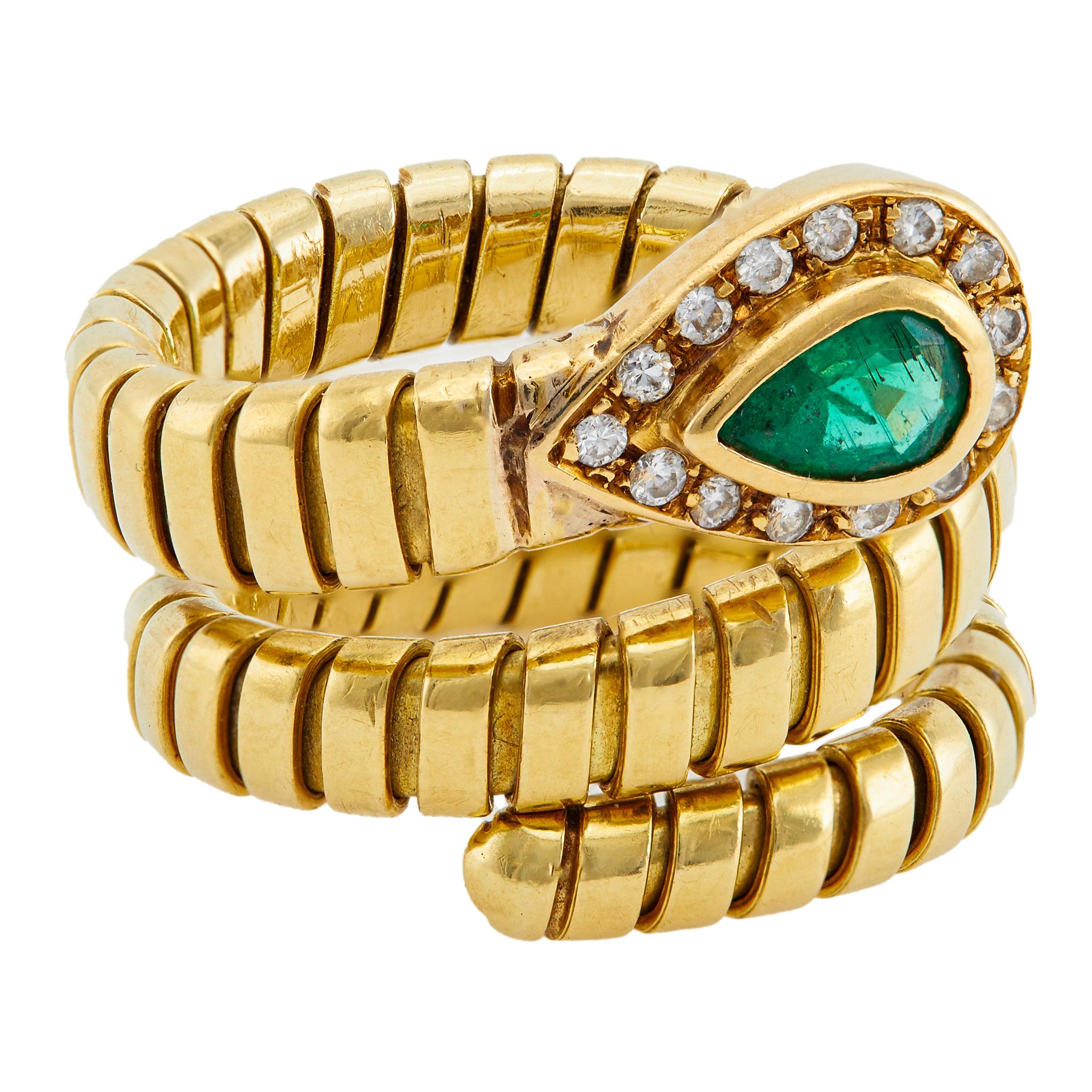 Women's or Men's Vintage Emerald and Diamond 18k Yellow Gold Tubogas Ring