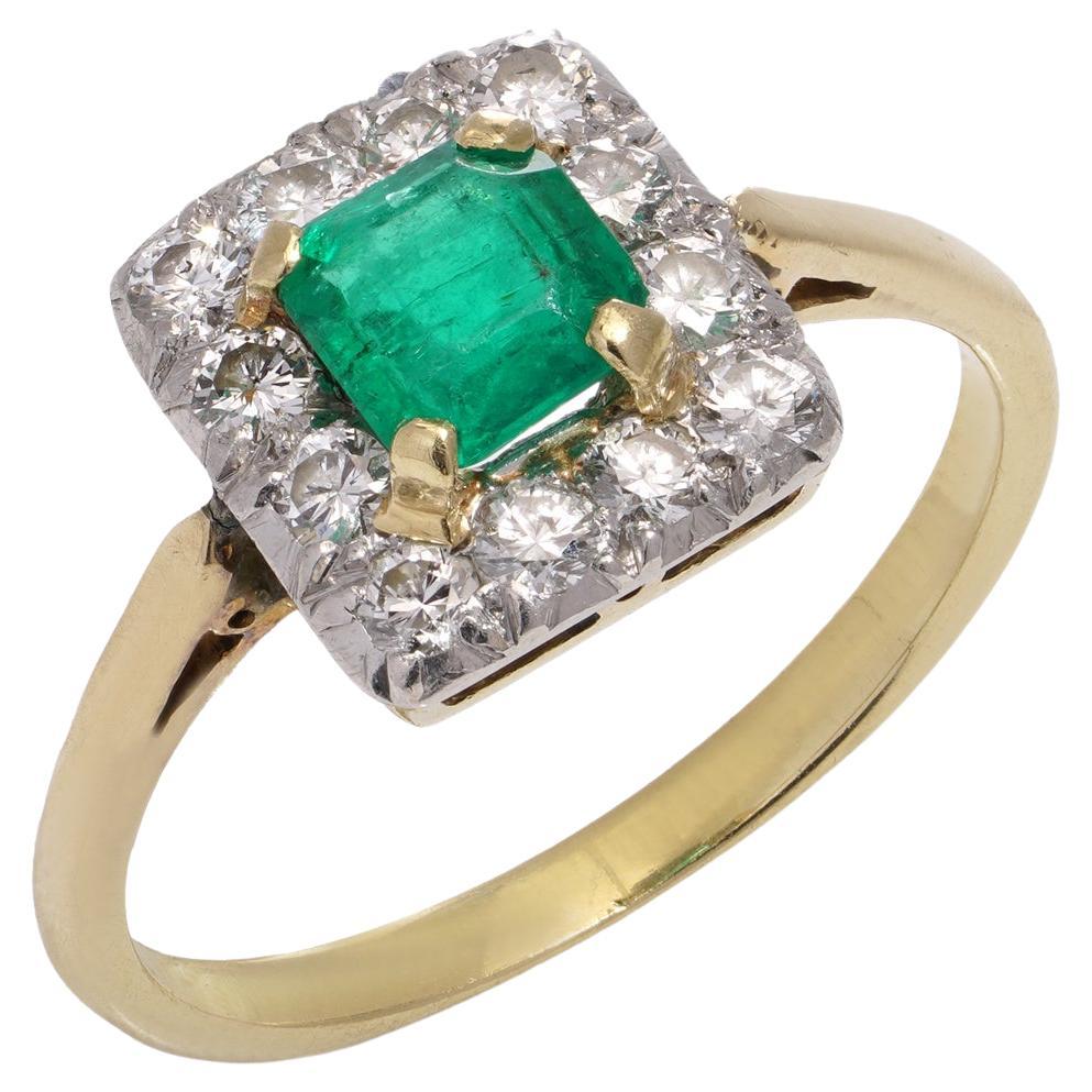 Vintage Emerald and Diamond 18kt Yellow Gold and Platinum Cluster Ring