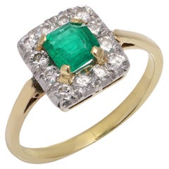 Vintage Emerald and Diamond 18kt Yellow Gold and Platinum Cluster Ring
