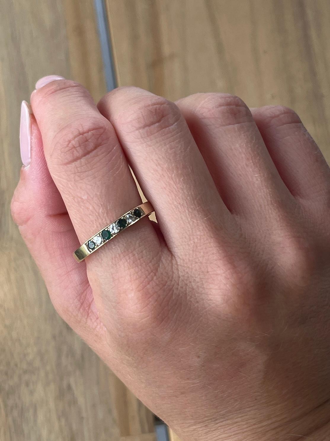 Modern Vintage Emerald and Diamond 9 Carat Gold 1/3 Eternity Band For Sale