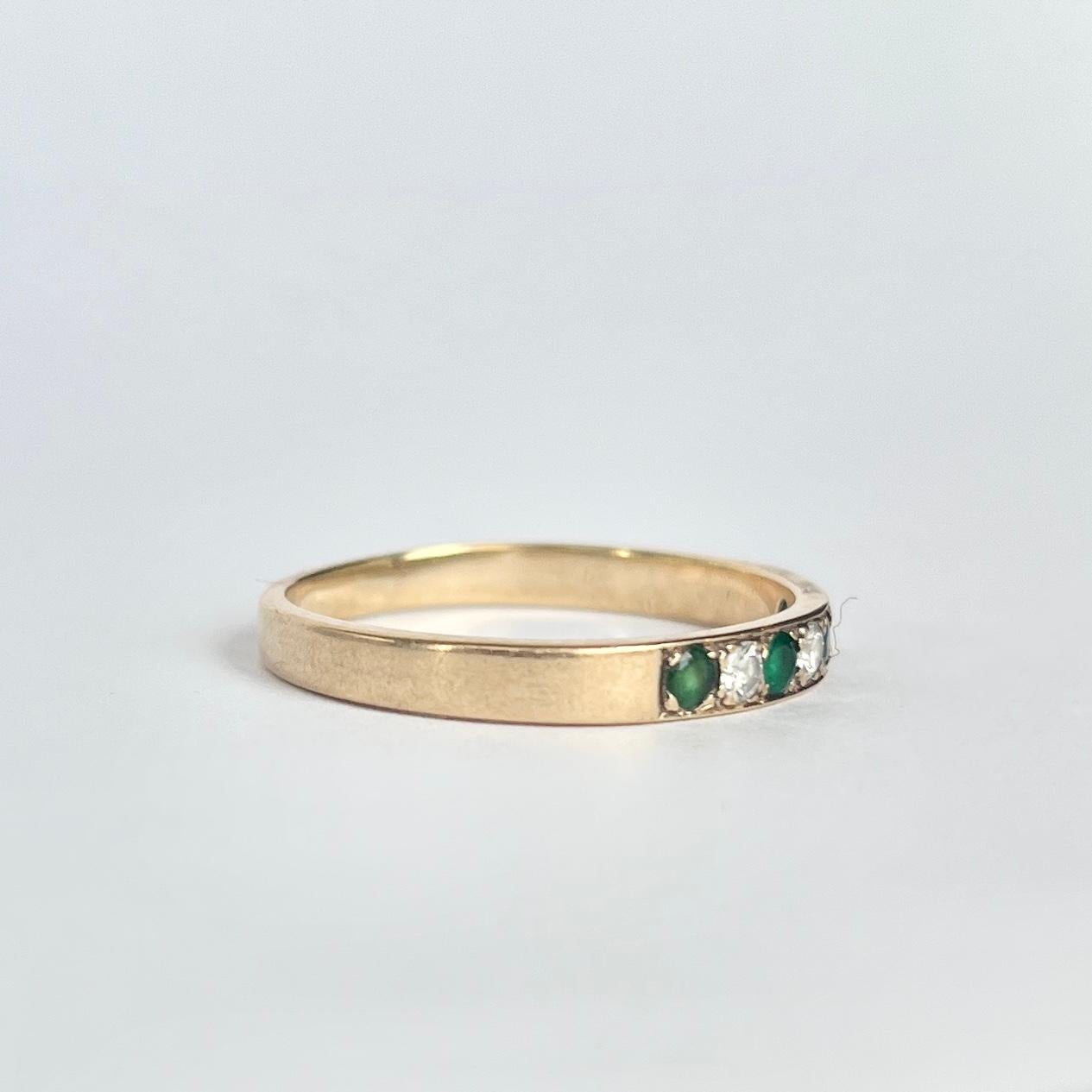 Round Cut Vintage Emerald and Diamond 9 Carat Gold 1/3 Eternity Band For Sale