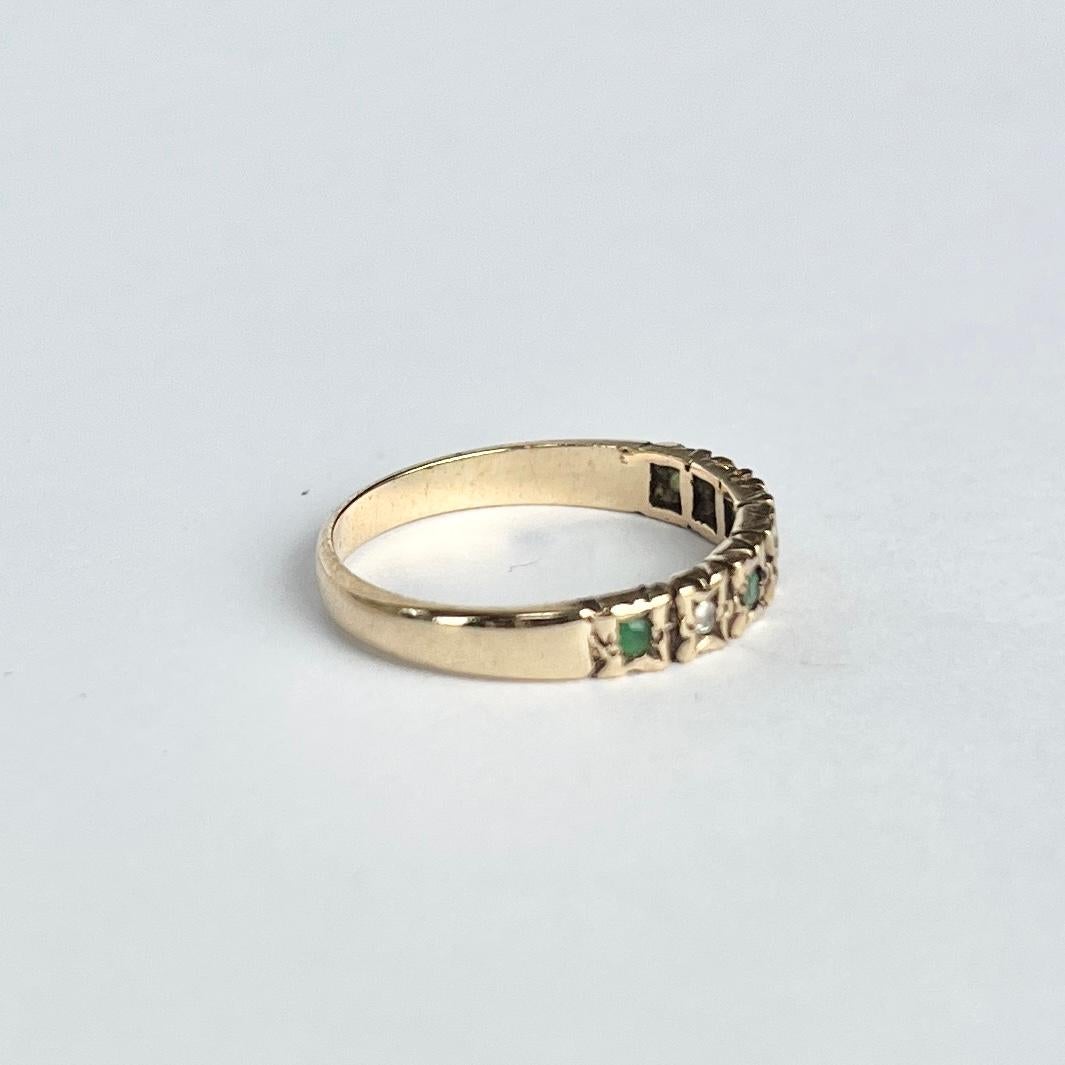 Vintage Emerald and Diamond 9 Carat Gold 1/3 Eternity Band In Good Condition For Sale In Chipping Campden, GB
