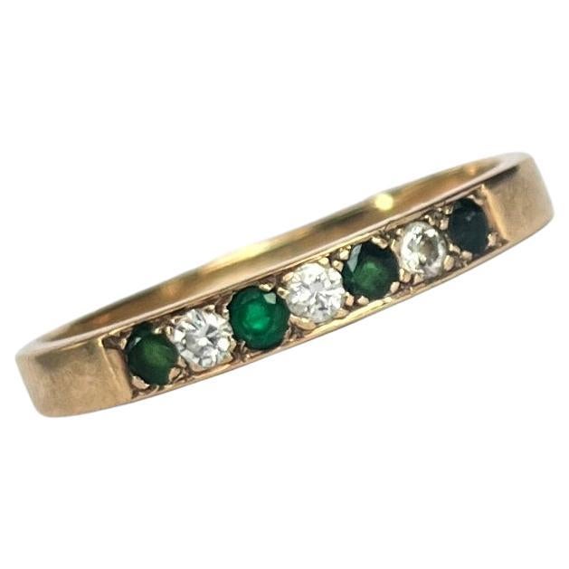 Vintage Emerald and Diamond 9 Carat Gold 1/3 Eternity Band For Sale