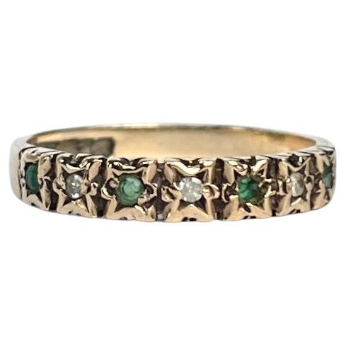 Vintage Emerald and Diamond 9 Carat Gold 1/3 Eternity Band For Sale