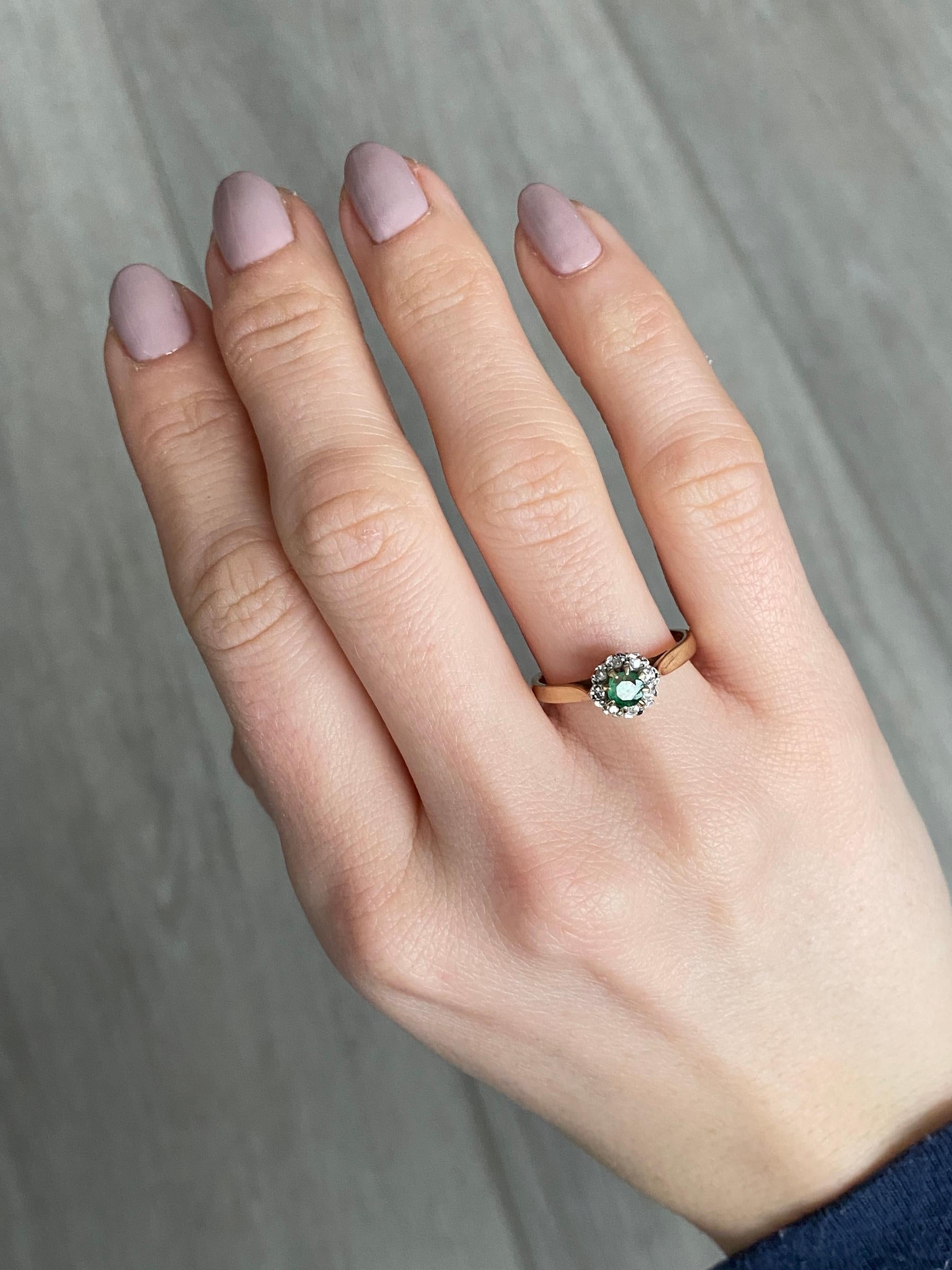 Modern Vintage Emerald and Diamond 9 Carat Gold Cluster Ring