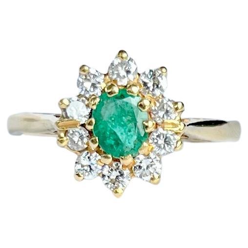 Vintage Emerald and Diamond 9 Carat Gold Cluster Ring For Sale