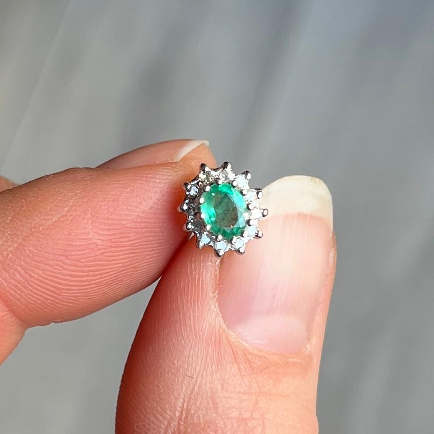 Die Smaragde in der Mitte dieser schönen und klassischen Ohrringe haben eine Größe von je 40 pt und sind von leuchtender Farbe. Der Halo aus Diamanten, der diesen Stein umgibt, hat eine Gesamtgröße von 24 Pence pro Ohrring. 

Abmessungen: