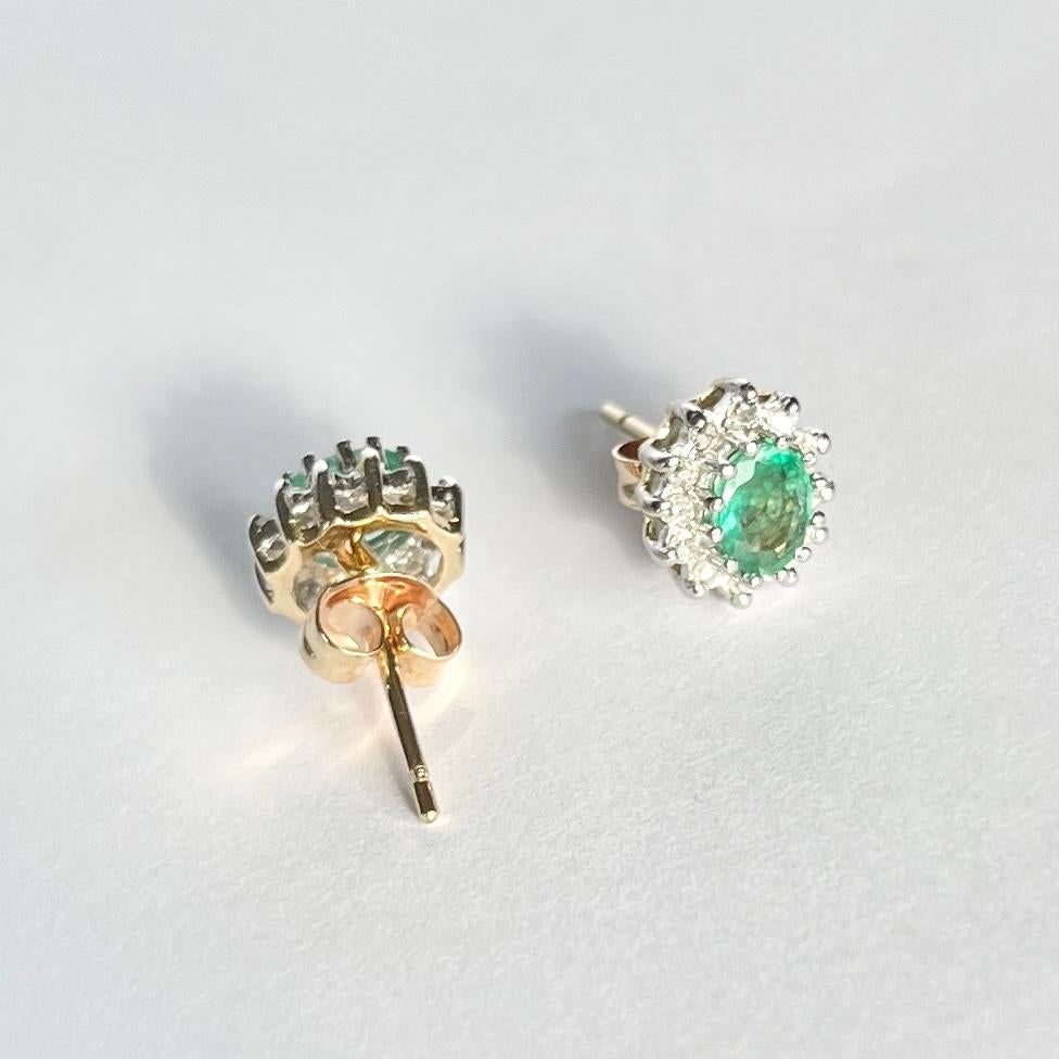 Oval Cut Vintage Emerald and Diamond 9 Carat Gold Cluster Stud Earrings For Sale