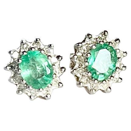Vintage Emerald and Diamond 9 Carat Gold Cluster Stud Earrings For Sale