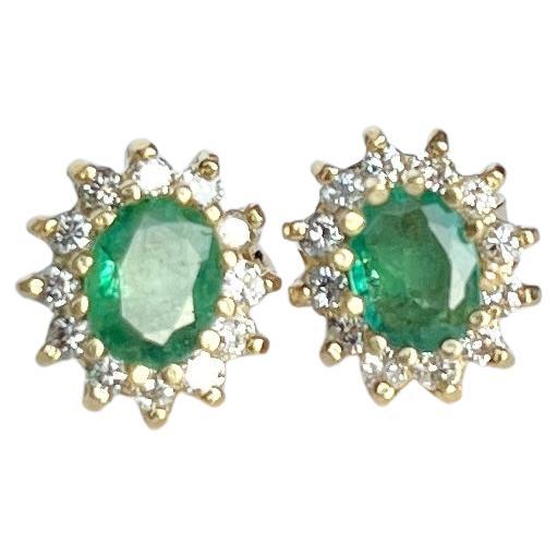 Vintage Emerald and Diamond 9 Carat Gold Cluster Stud Earrings