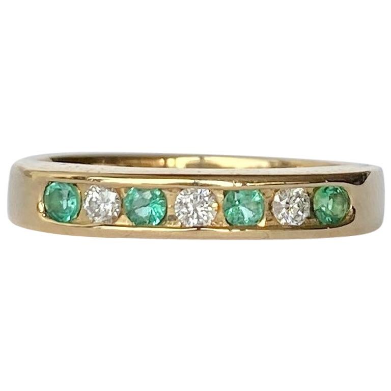 Vintage Emerald and Diamond 9 Carat Gold Half Eternity Band For Sale