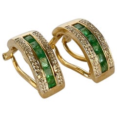 Vintage Emerald and Diamond 9 Carat Gold Hoop Clip-On Earrings