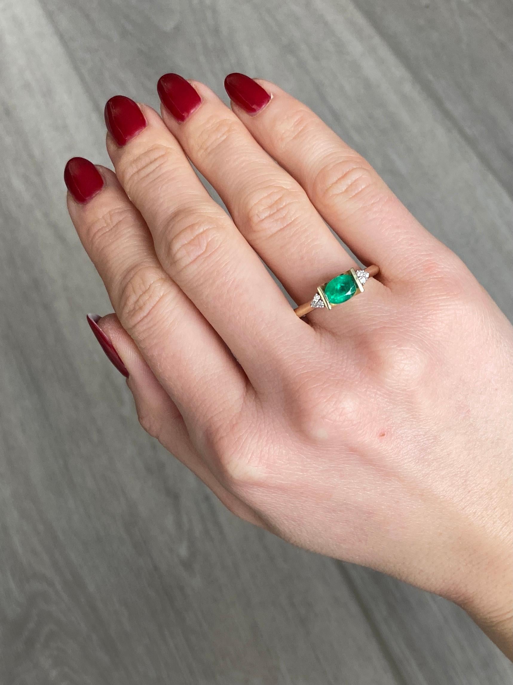 Oval Cut Vintage Emerald and Diamond 9 Carat Gold Ring For Sale