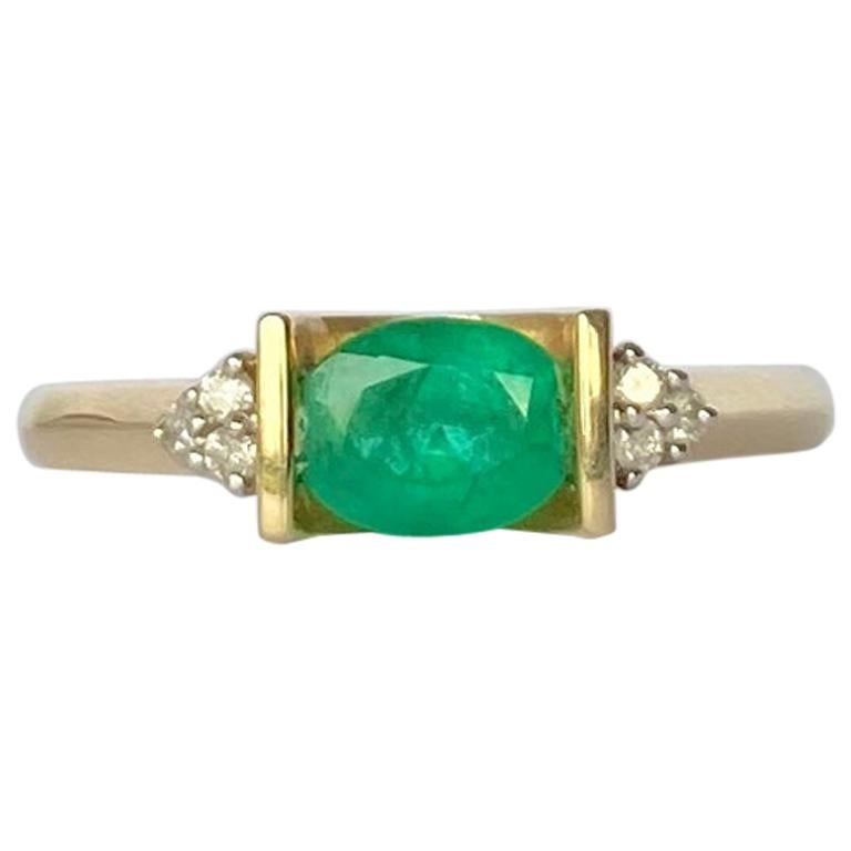 Vintage Emerald and Diamond 9 Carat Gold Ring For Sale