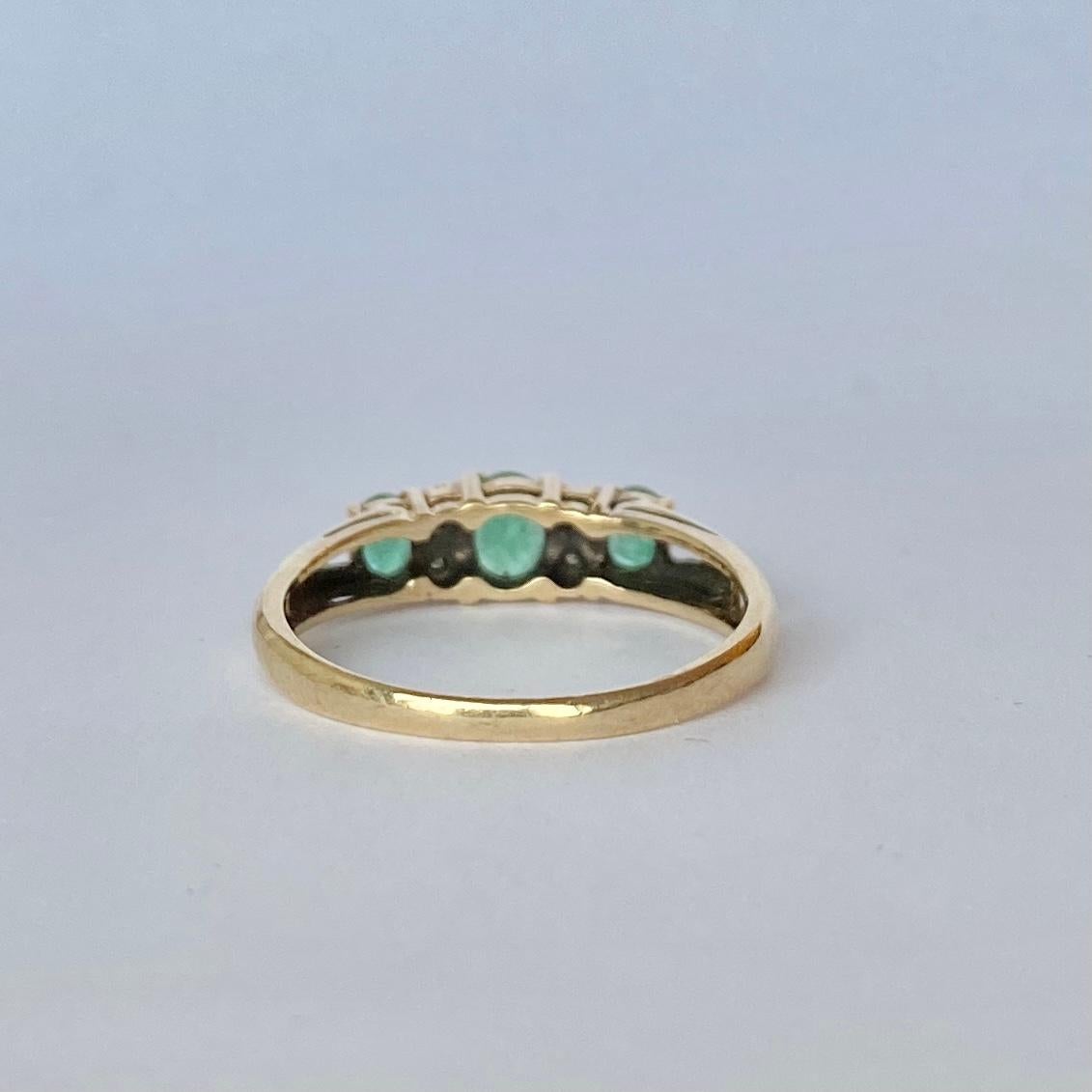 Oval Cut Vintage Emerald and Diamond 9 Carat Gold Three-Stone