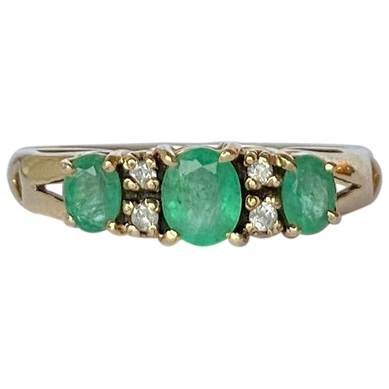 Vintage Emerald and Diamond 9 Carat Gold Three-Stone