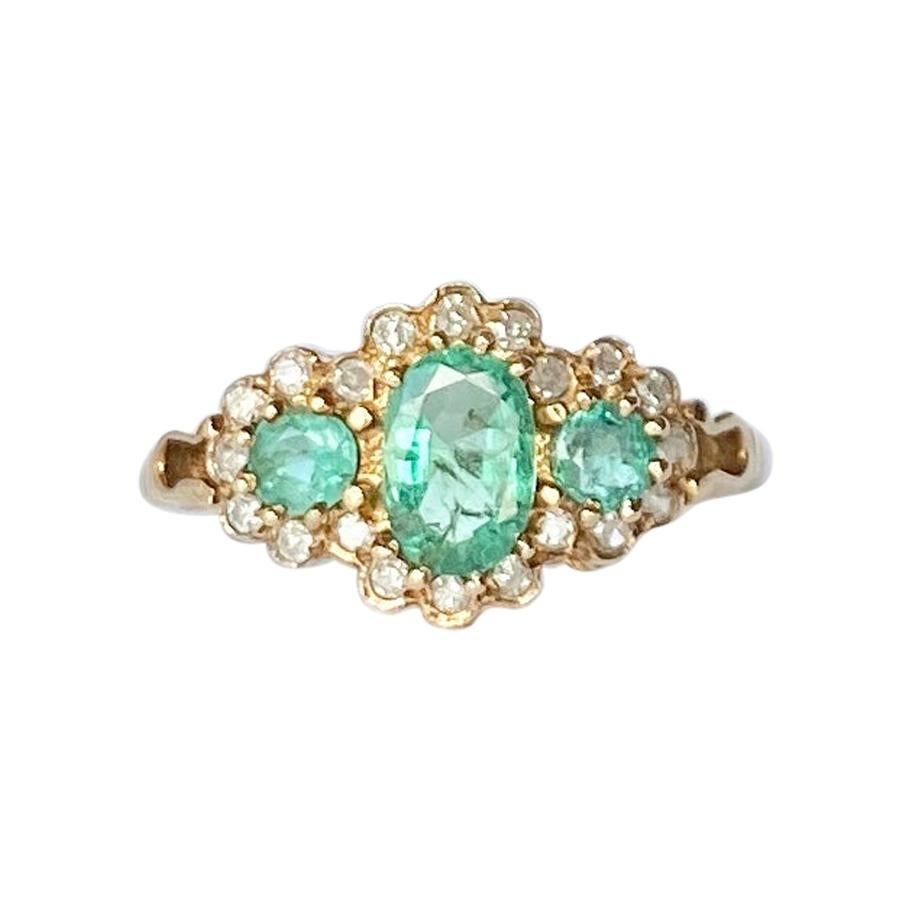 Vintage Emerald and Diamond 9 Carat Gold Triple Cluster Ring For Sale