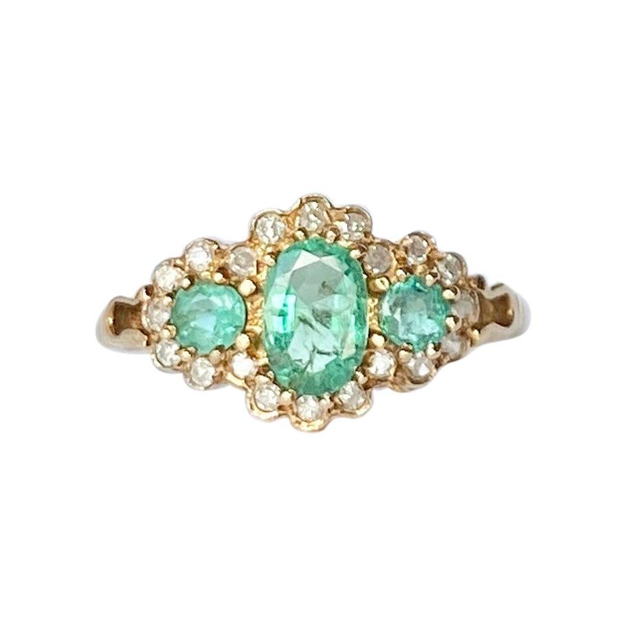 Vintage Emerald and Diamond 9 Carat Gold Triple Cluster Ring