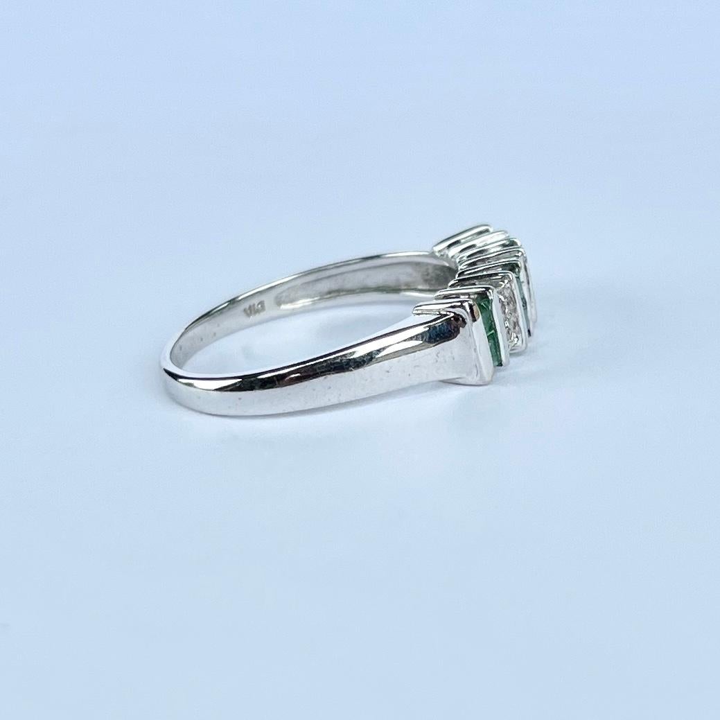 Vintage Emerald and Diamond 9 Carat White Gold Band For Sale 1
