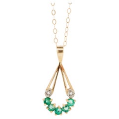 Vintage Emerald and Diamond 9 Carat Yellow Gold Open Work Drop Pendant and Chain