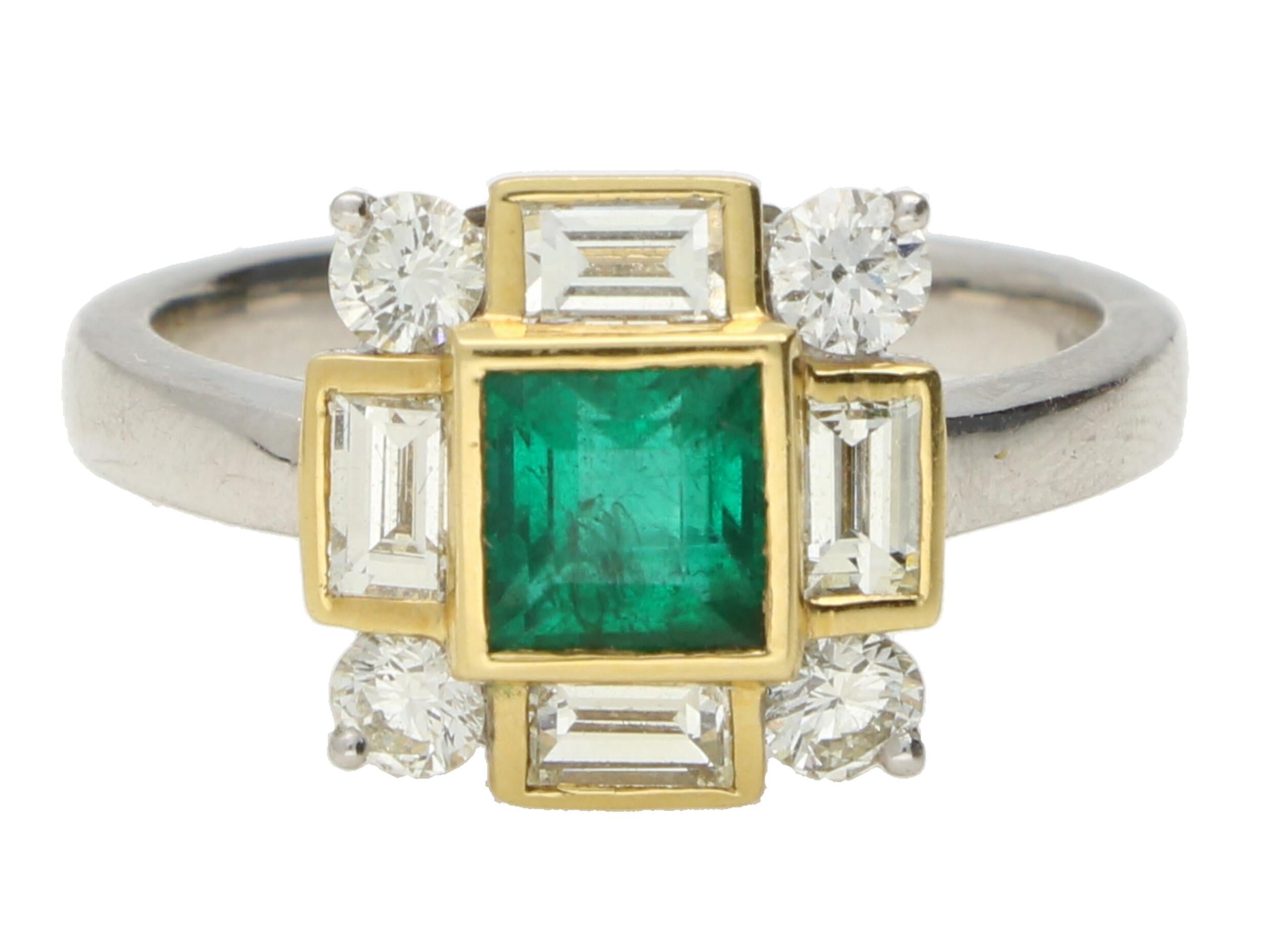 Square Cut Vintage Emerald and Diamond Alternative Cluster Ring in 18k Yellow and White Gol For Sale