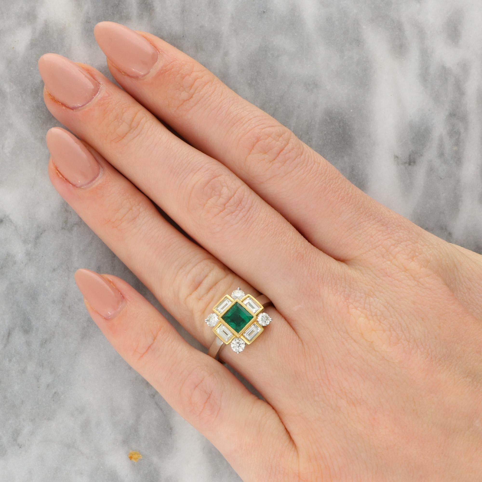 Women's or Men's Vintage Emerald and Diamond Alternative Cluster Ring in 18k Yellow and White Gol For Sale