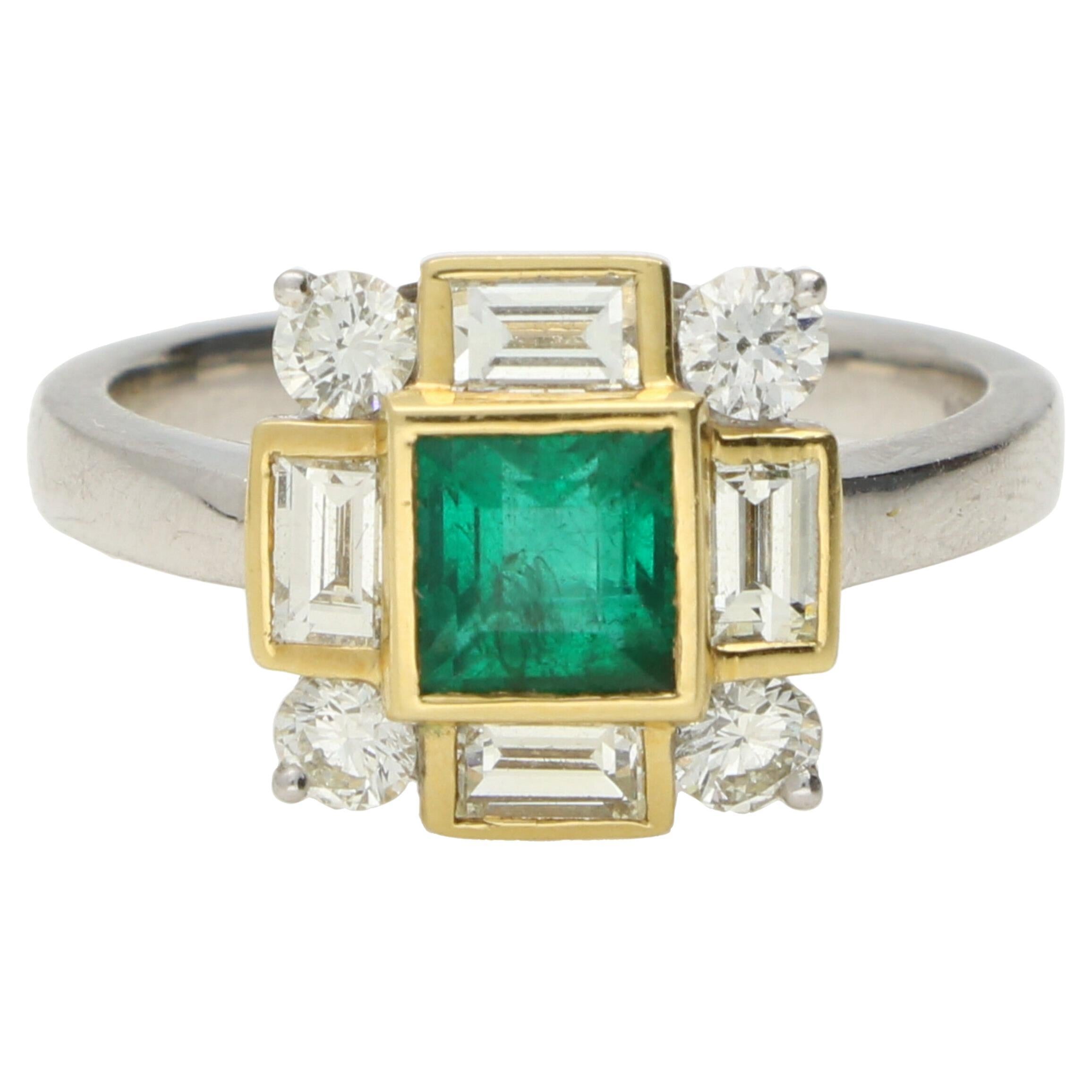 Vintage Emerald and Diamond Alternative Cluster Ring in 18k Yellow and White Gol For Sale