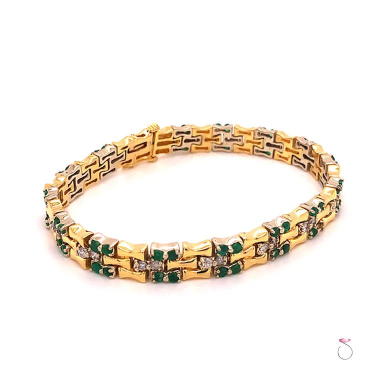 Ageless vintage 18K yellow gold emerald and diamond bamboo design bracelet. This stunning bracelet features bamboo styled links with a total of 60 round emeralds totaling approximately 1.20 carats and 30 round diamonds totaling approximately 0.75