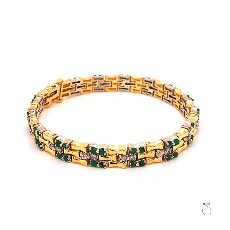 Modern Vintage Emerald and Diamond Bamboo Design Bracelet 18k Yellow Gold For Sale
