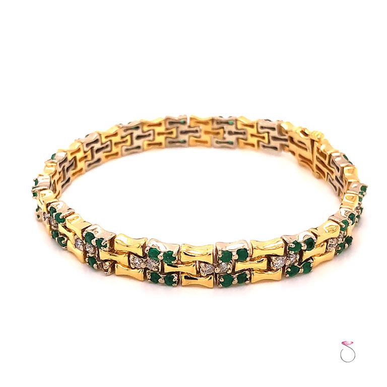 Women's Vintage Emerald and Diamond Bamboo Design Bracelet 18k Yellow Gold For Sale
