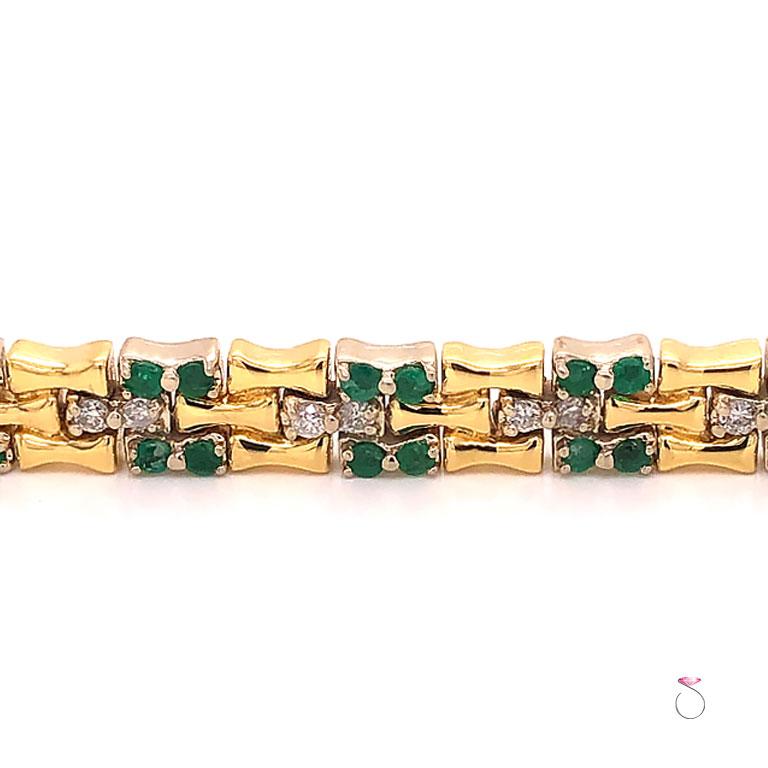 Vintage Emerald and Diamond Bamboo Design Bracelet 18k Yellow Gold For Sale 1