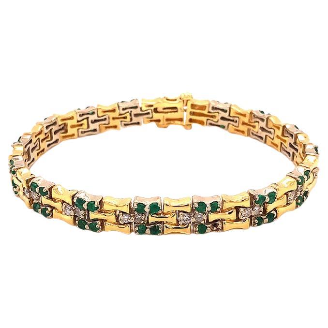 Bracelet vintage en or jaune 18 carats avec émeraudes et diamants en forme de bambou en vente