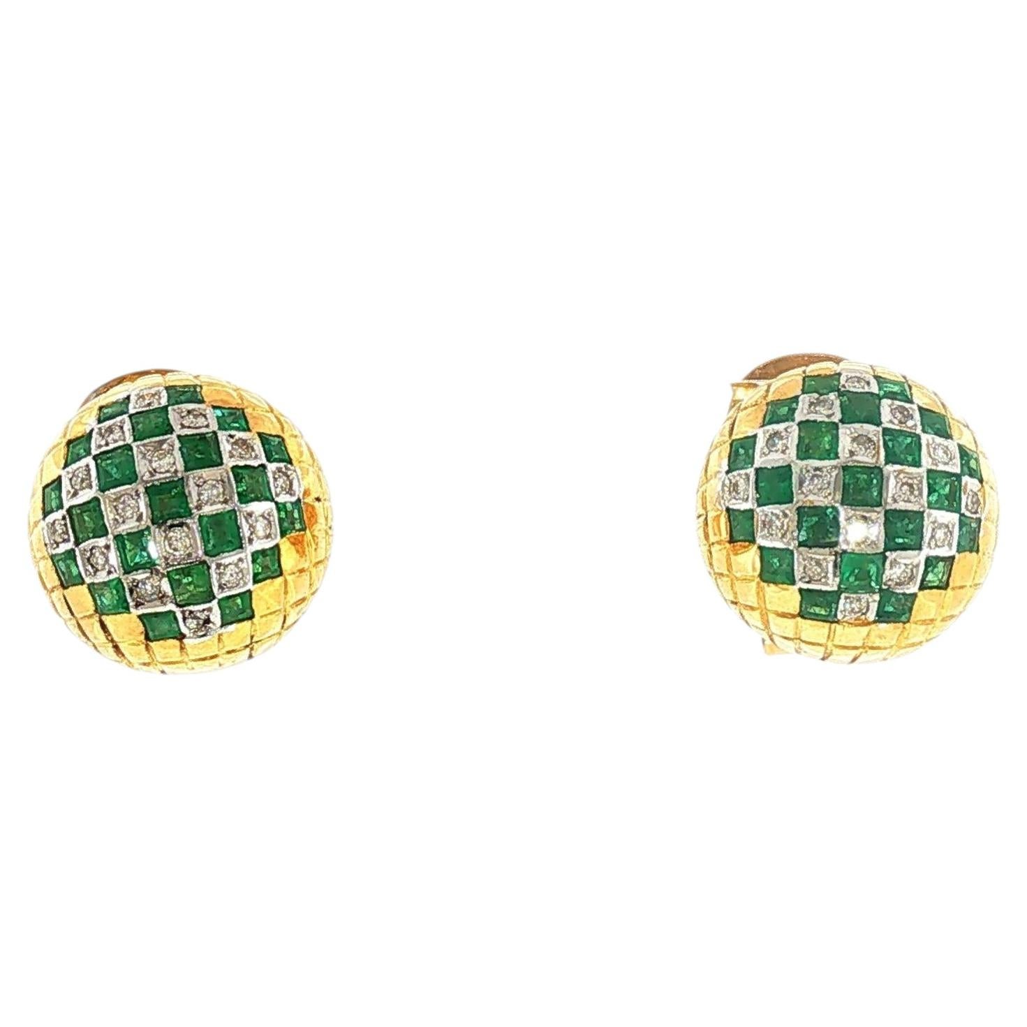 Vintage Emerald and Diamond Checkerboard Gold Earrings For Sale
