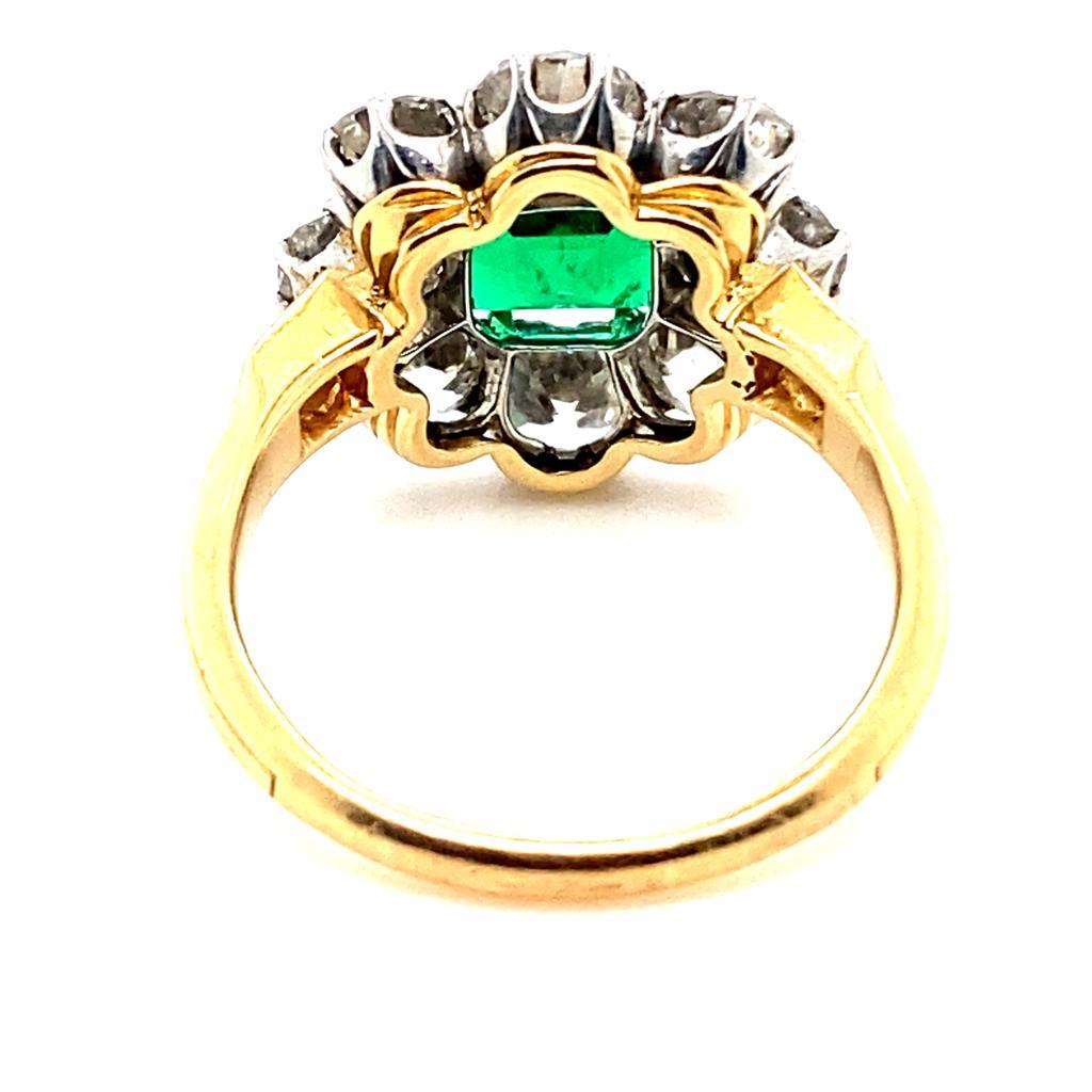 Vintage Emerald and Diamond Cluster 18 Karat Yellow Gold Engagement Ring For Sale 2