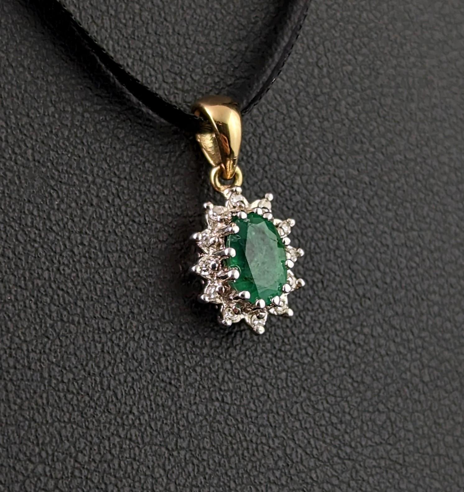 Vintage Emerald and Diamond cluster pendant, 9k gold  For Sale 9