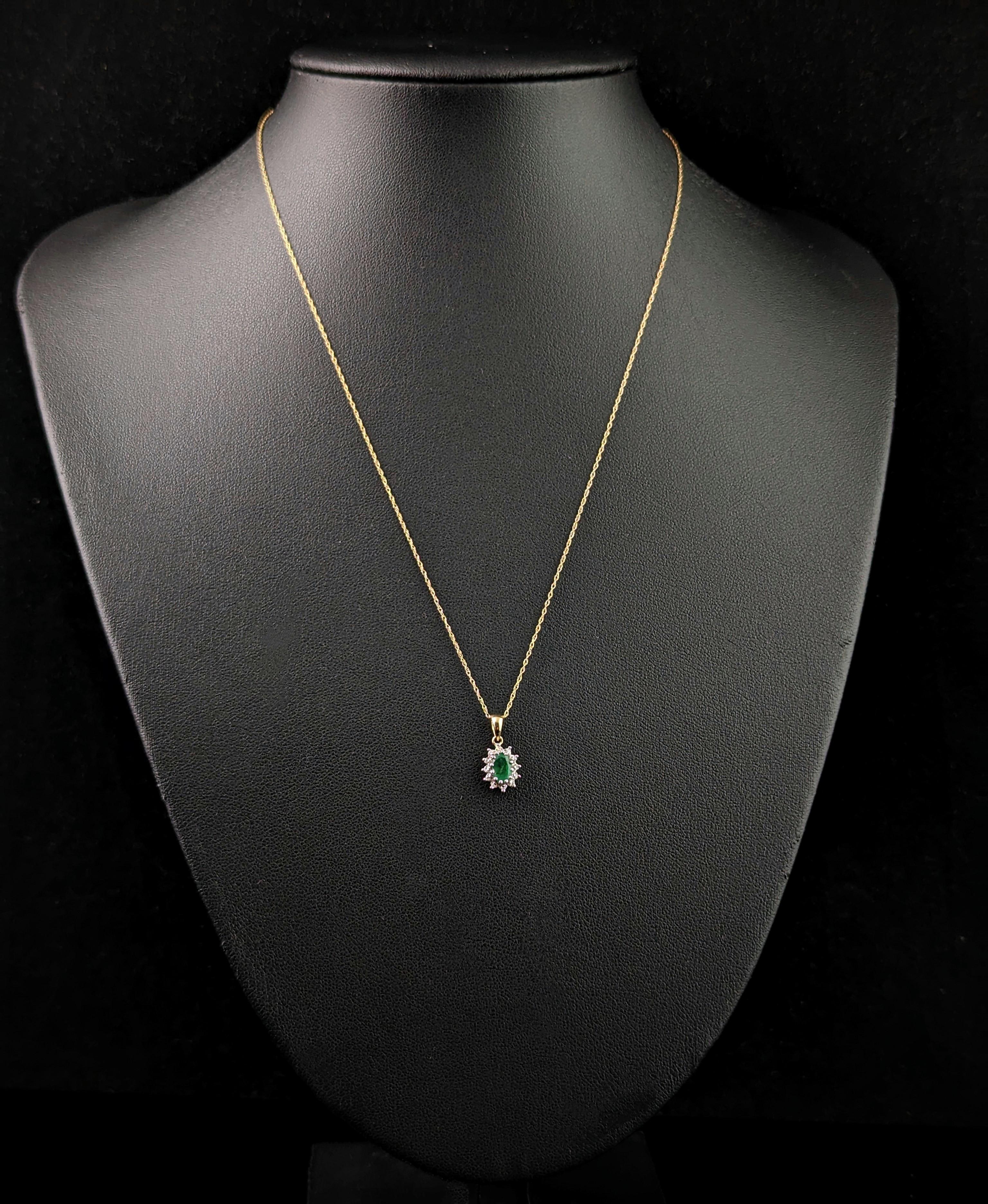 Modern Vintage Emerald and Diamond cluster pendant, 9k gold  For Sale