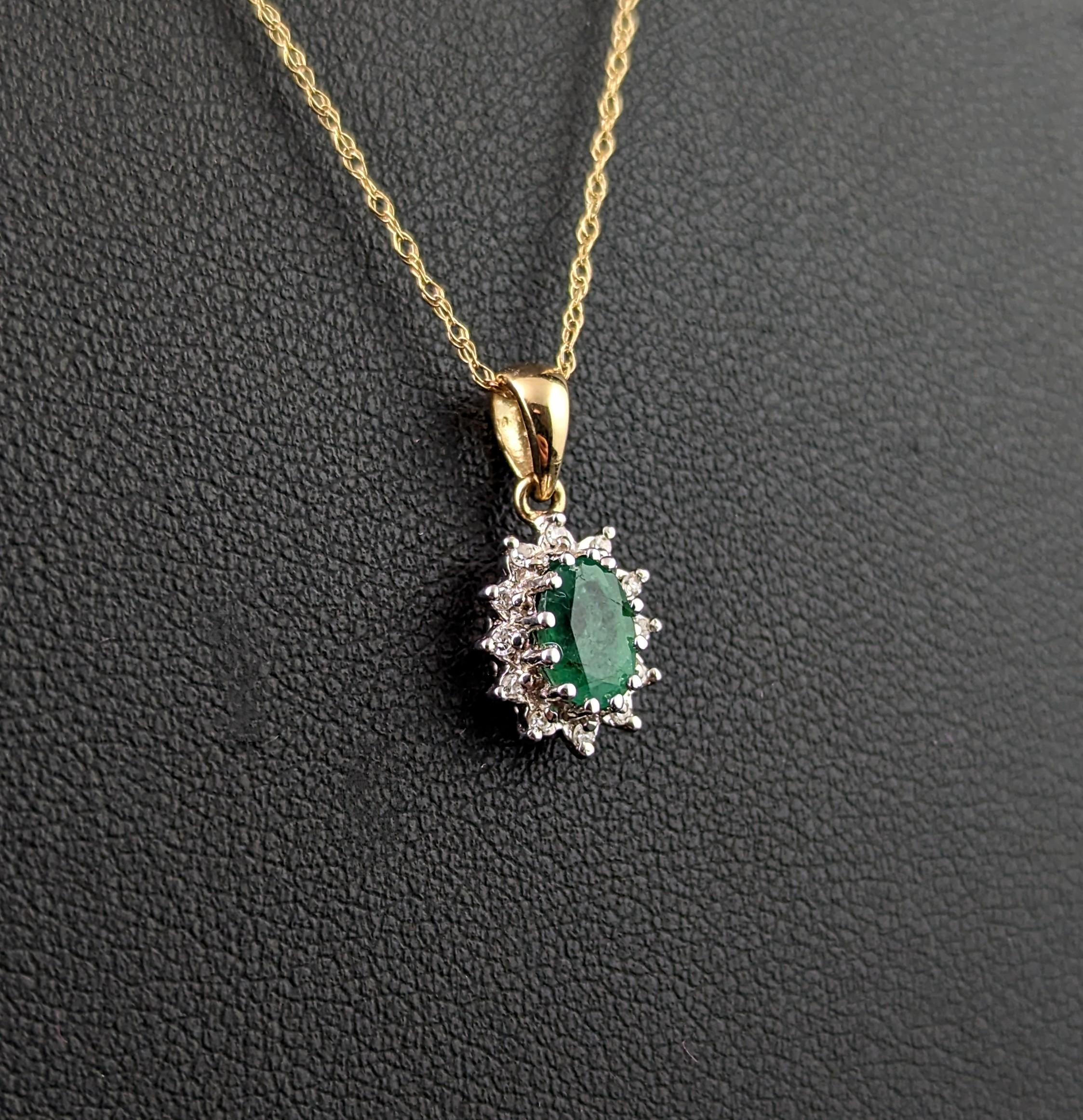 Oval Cut Vintage Emerald and Diamond cluster pendant, 9k gold  For Sale
