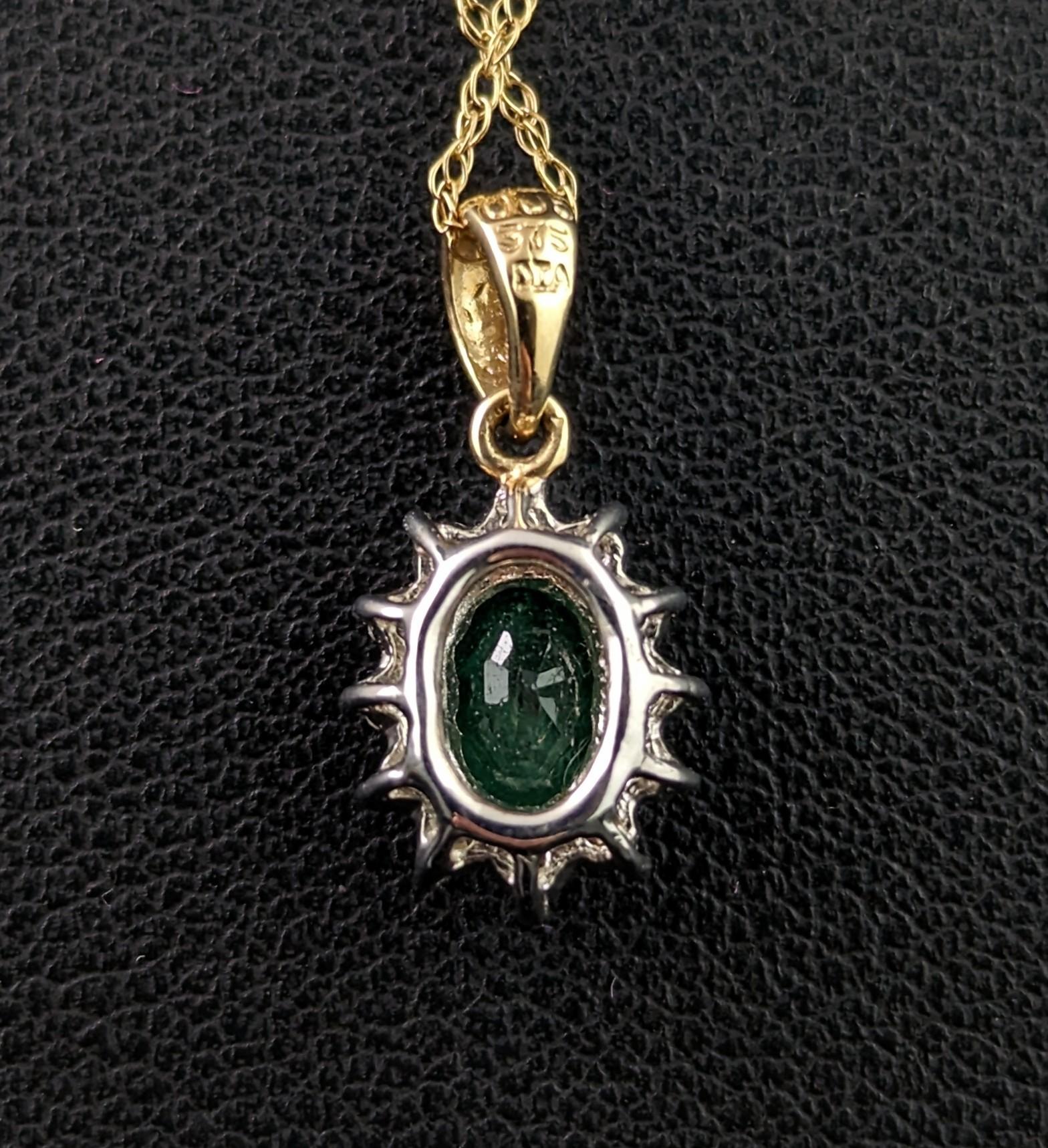 Women's Vintage Emerald and Diamond cluster pendant, 9k gold  For Sale