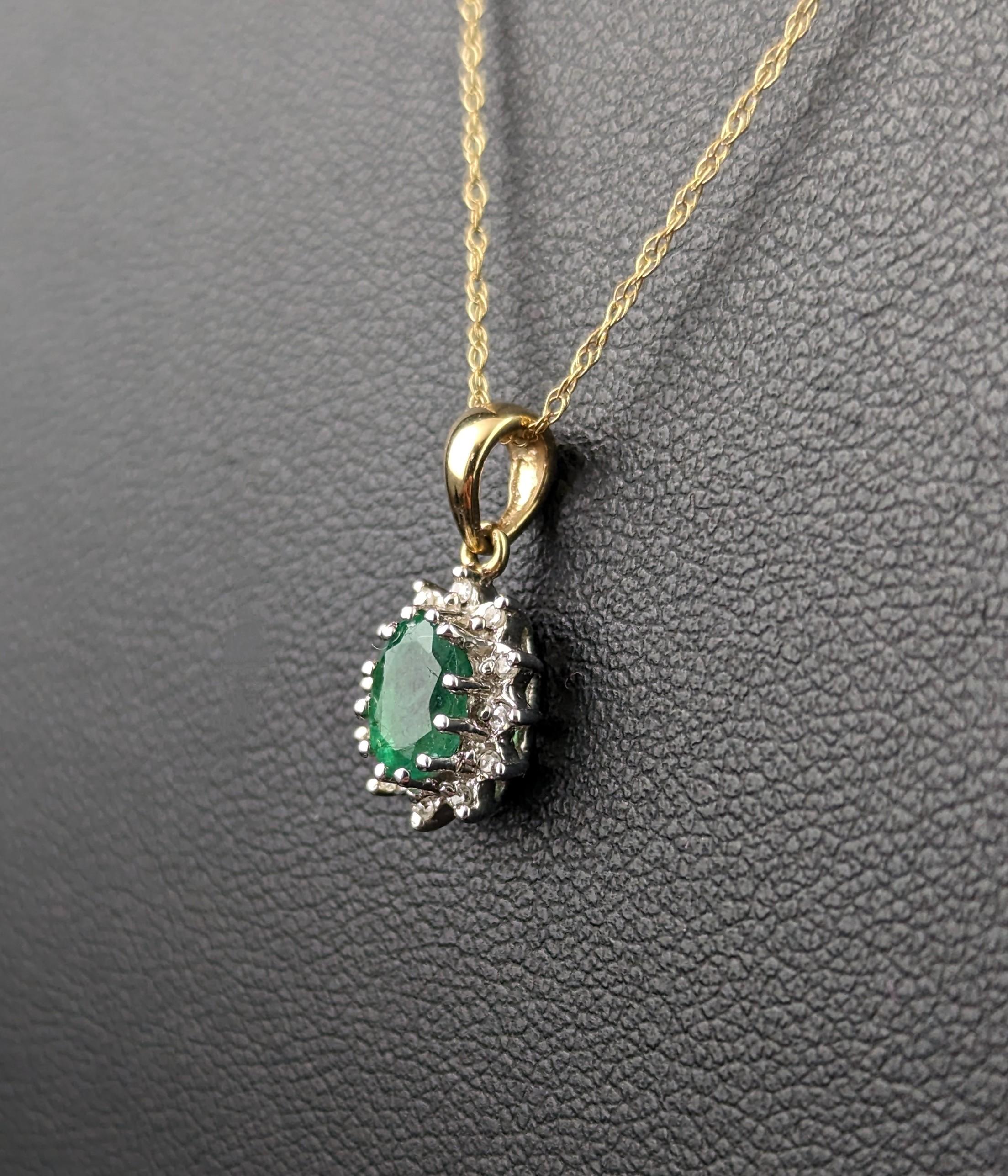 Vintage Emerald and Diamond cluster pendant, 9k gold  For Sale 1