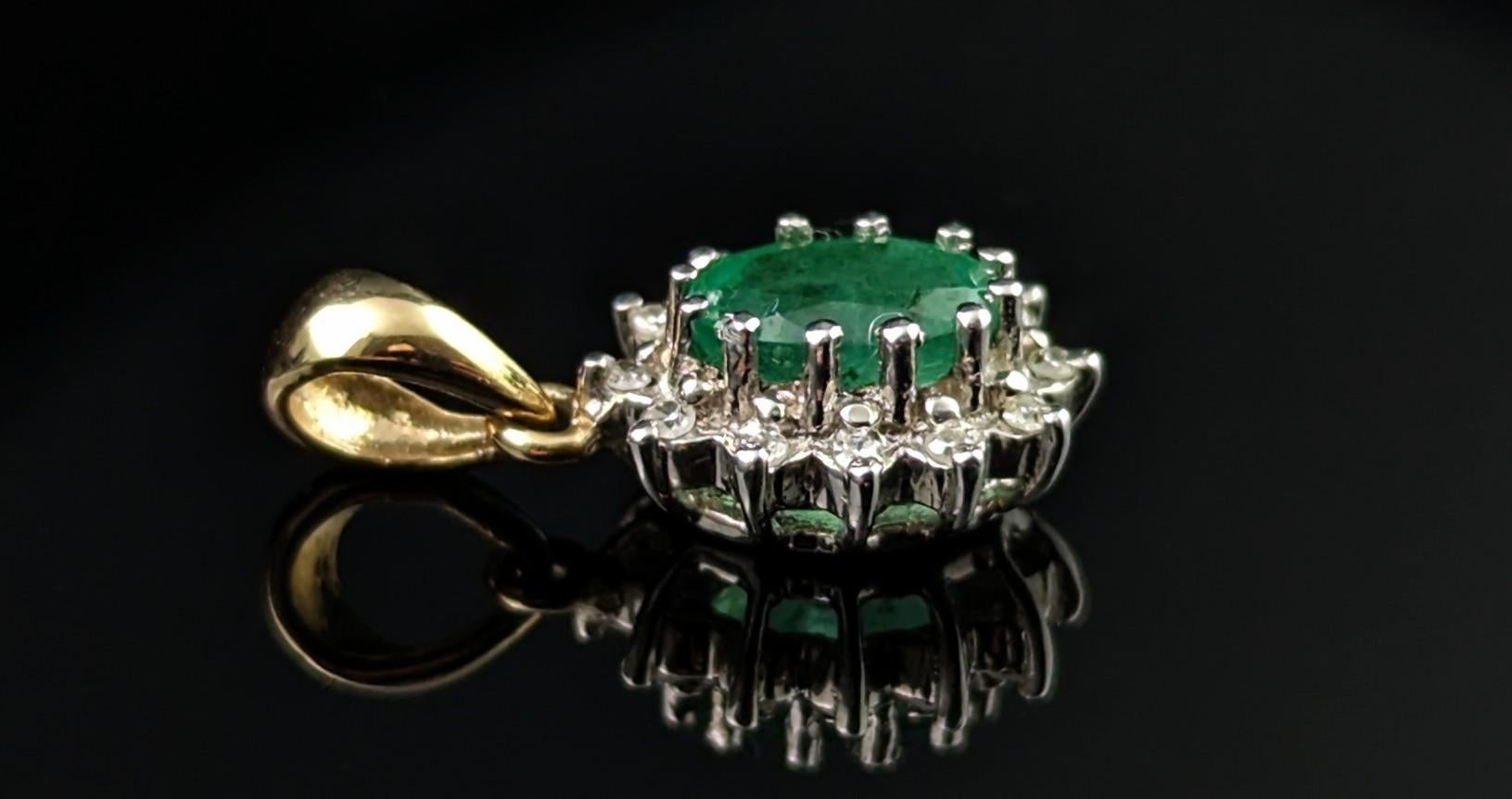 Vintage Emerald and Diamond cluster pendant, 9k gold  For Sale 2