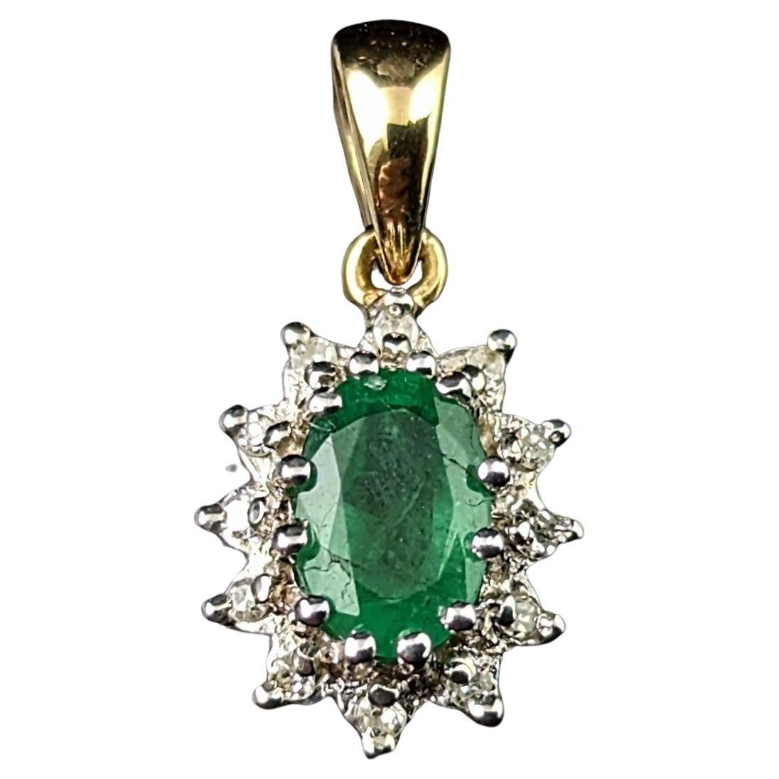 Vintage Emerald and Diamond cluster pendant, 9k gold  For Sale