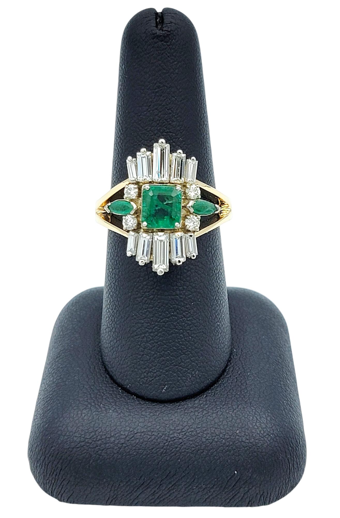 Vintage Emerald and Diamond Cluster Split Shank Cocktail Ring in 14 Karat Gold For Sale 4