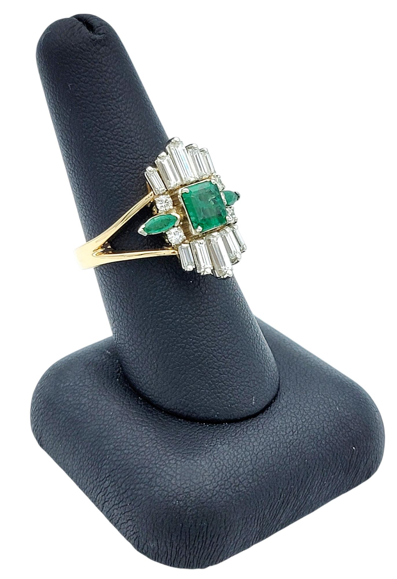Vintage Emerald and Diamond Cluster Split Shank Cocktail Ring in 14 Karat Gold For Sale 5