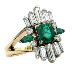 Vintage Emerald and Diamond Ballerina Split Shank Cocktail Ring in 14 Karat Gold