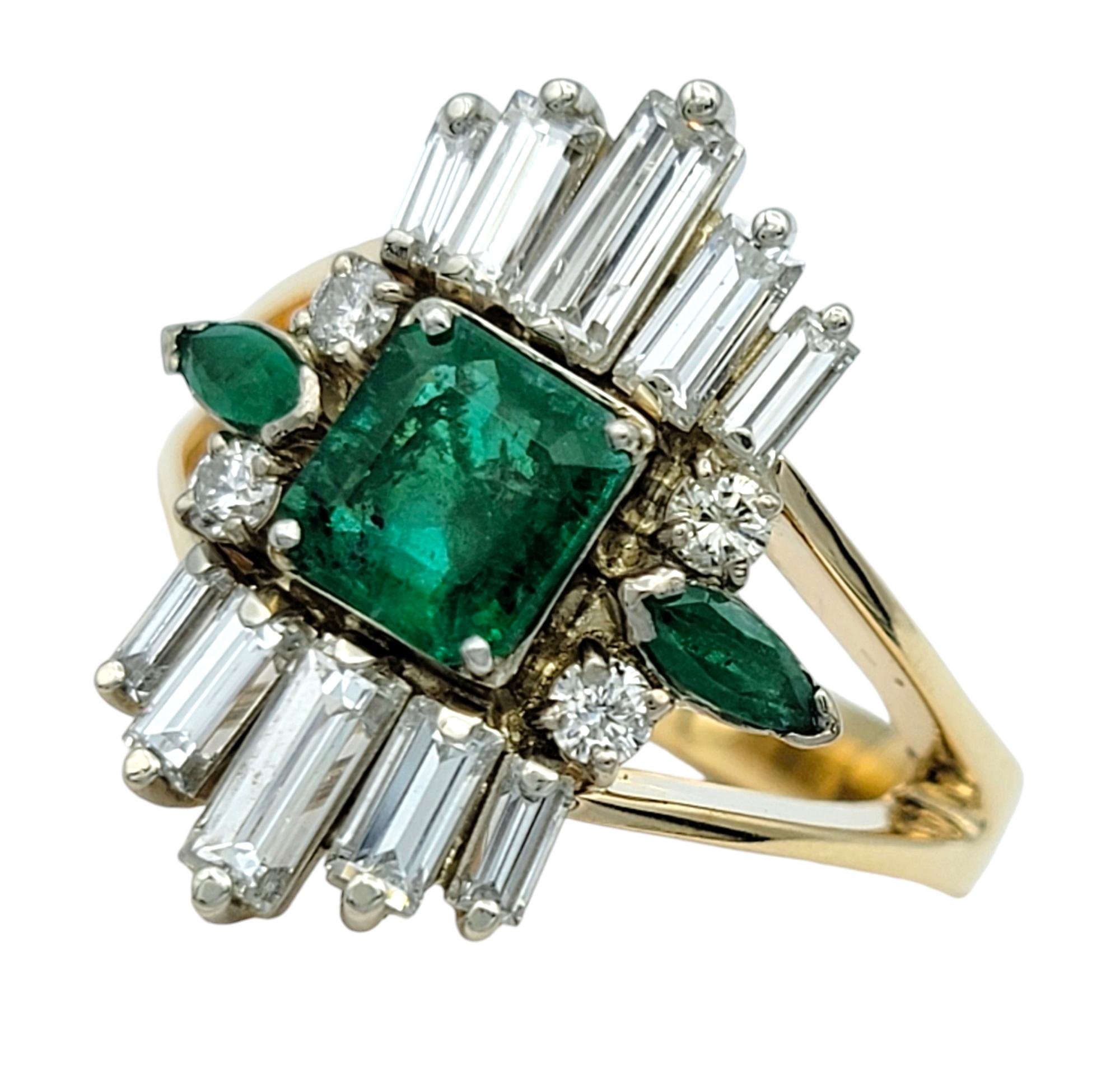 Contemporary Vintage Emerald and Diamond Cluster Split Shank Cocktail Ring in 14 Karat Gold For Sale